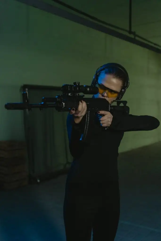 Focused woman aiming a sniper rifle indoors at a shooting range.