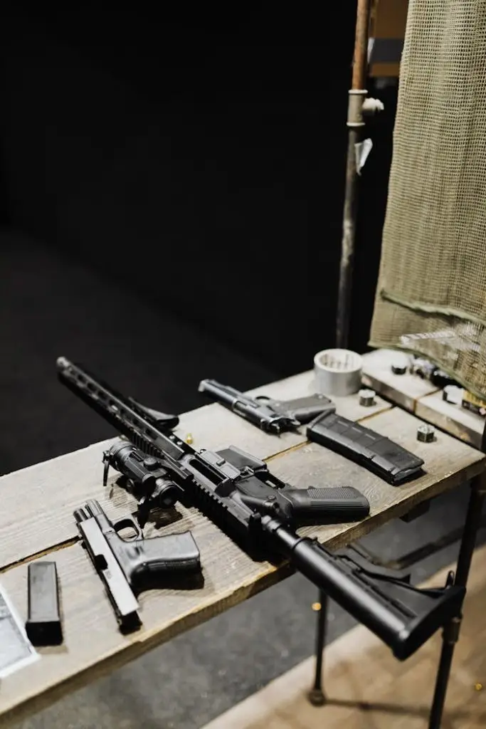 Assorted firearms arranged on a wooden table in an indoor shooting range setting.