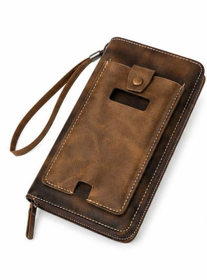 Premium Brown Long Wallet for Men – Zipper Clutch with Mobile Pocket