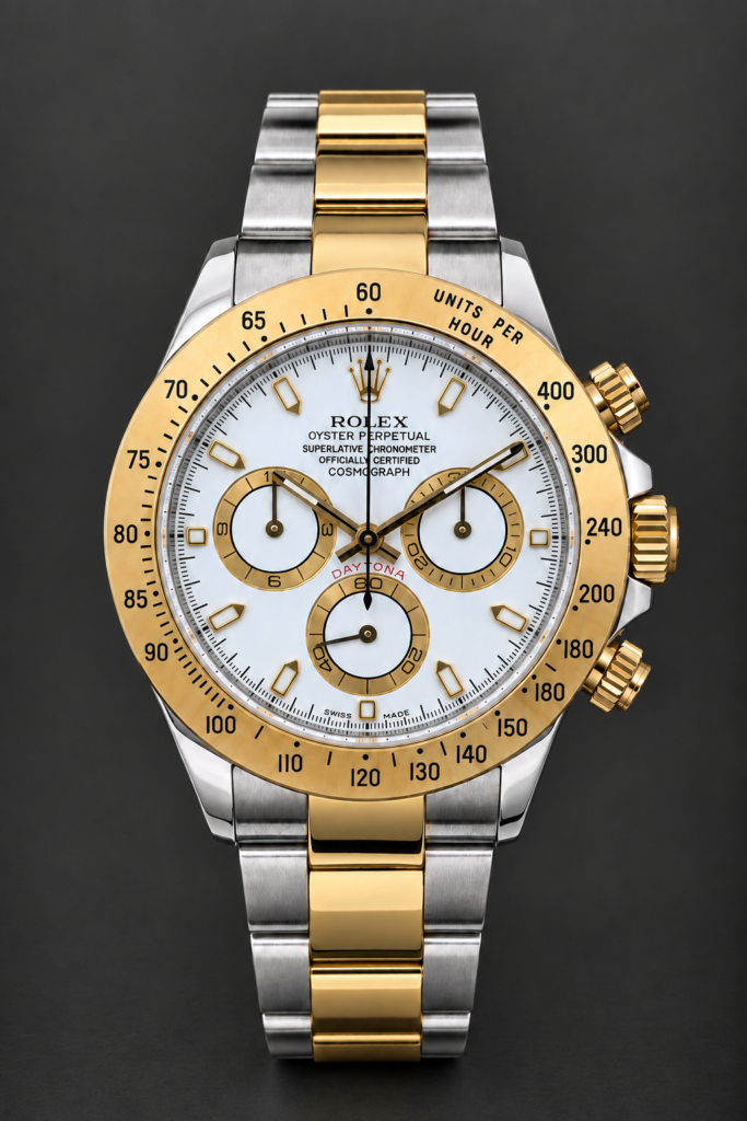 Two-Tone Chronograph Watch – White Dial & Gold-Tone Bezel