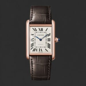 Cartier Rose Gold-Tone Rectangular Automatic Watch – White Dial & Brown Leather Strap