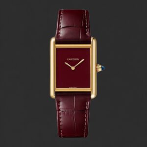 Cartier Gold-Tone Rectangular Watch – Burgundy Dial & Leather Strap