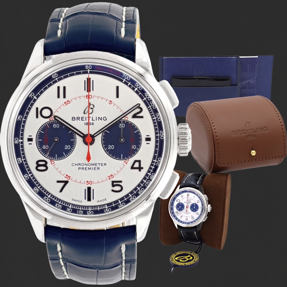 Breitling Premier B01 Chronograph White Dial Blue Leather Watch - Image 7