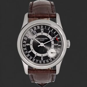 Patek Philippe Calatrava Black Dial Calendar Watch with Brown Leather Strap