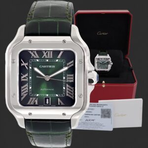 Cartier Santos Automatic Green Dial Leather Strap Watch