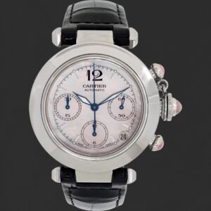 Cartier Pasha Automatic Chronograph Silver Dial Leather Strap Watch