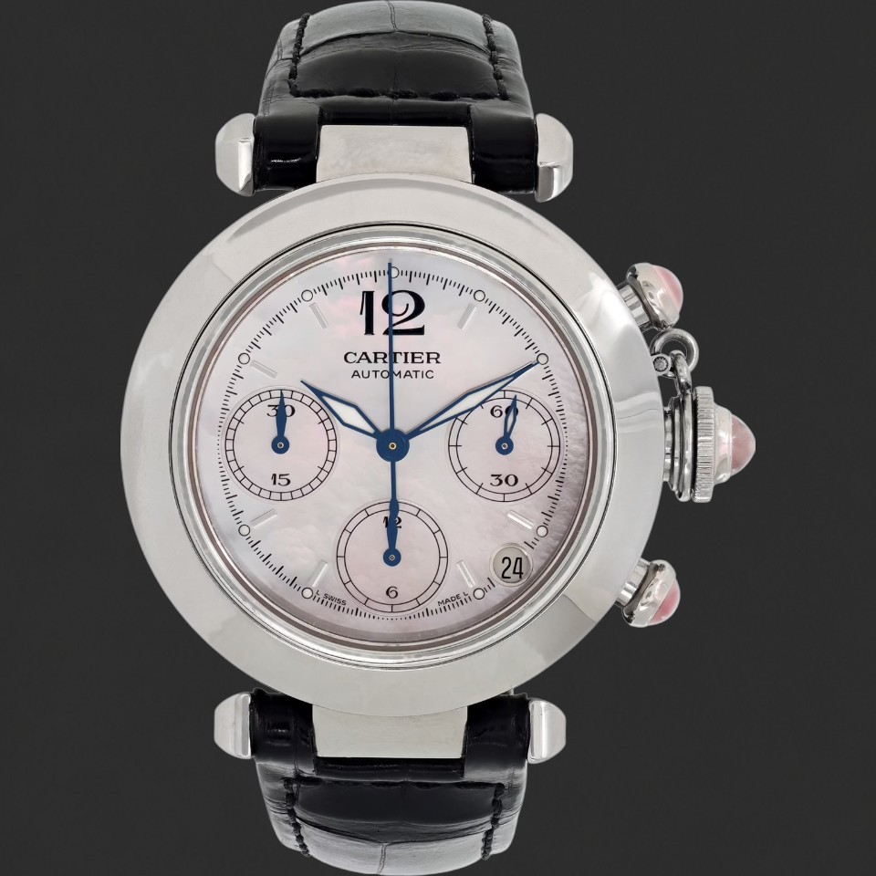 Cartier Pasha Automatic Chronograph Silver Dial Leather Strap Watch